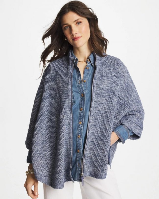 Chicos Rounded Hem Zip-Front Ruana - INDIGO SKY HEATHER