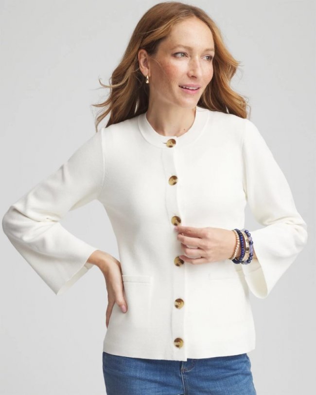 Chicos Faux Horn Button-Up Cardigan - ECRU