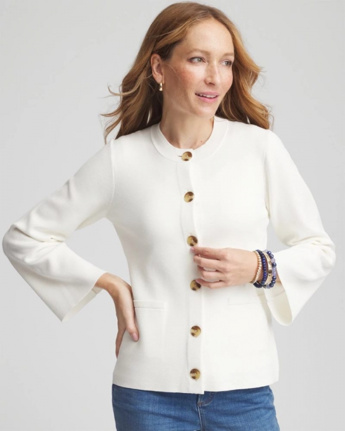 Chicos Faux Horn Button-Up Cardigan - ECRU