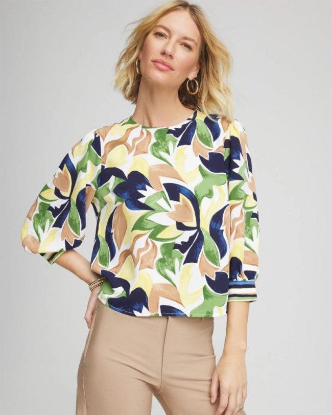 Chicos Mod Blooms Matte Satin Pullover - PANNA COTTA