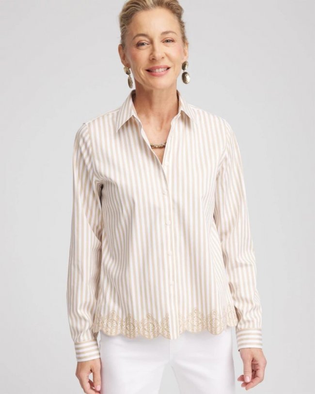 Chicos No Iron Scalloped-Hem Shirt - WILD TRUFFLE Chicos No Iron Scalloped-Hem Shirt - WILD TRUFFLE
