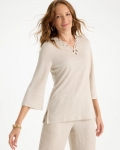 Chicos Embroidered Linen Tee - RIVER ROCK