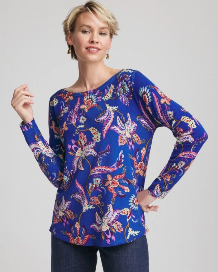 Chicos Ella Boatneck Printed Pullover Sweater - COBALT STONE