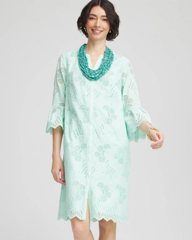 Chicos Eyelet Cotton Voile Dress - TEAL WATERS