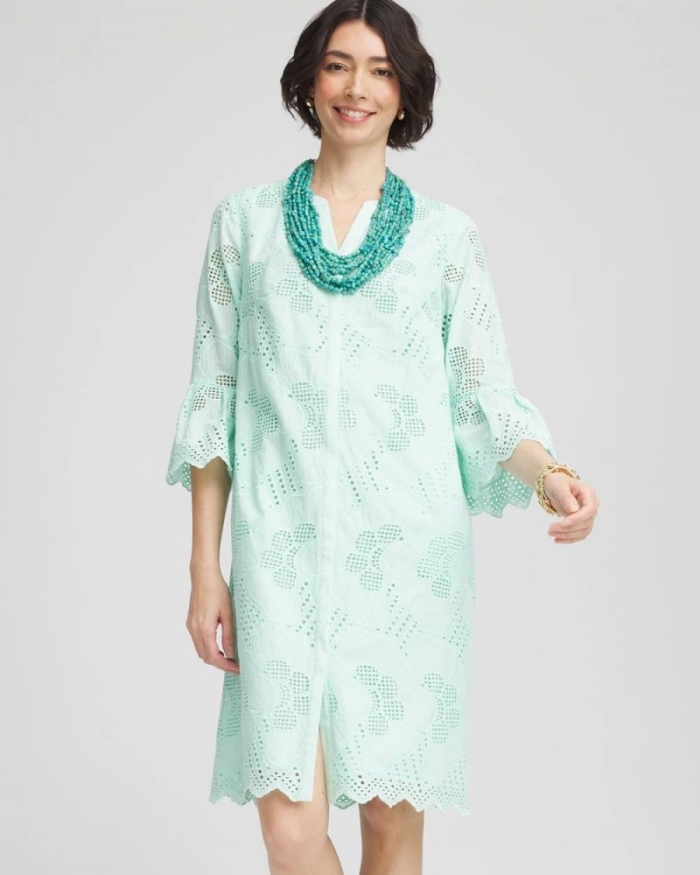 Chicos Eyelet Cotton Voile Dress - TEAL WATERS