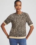 Chicos Embellished Crewneck Animal-Print Sweater - FAUX CAMEL HEATHER