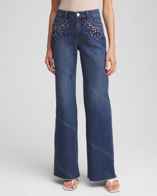 Chicos Embellished Frayed Flared-Leg Jeans - IRVINA INDIGO