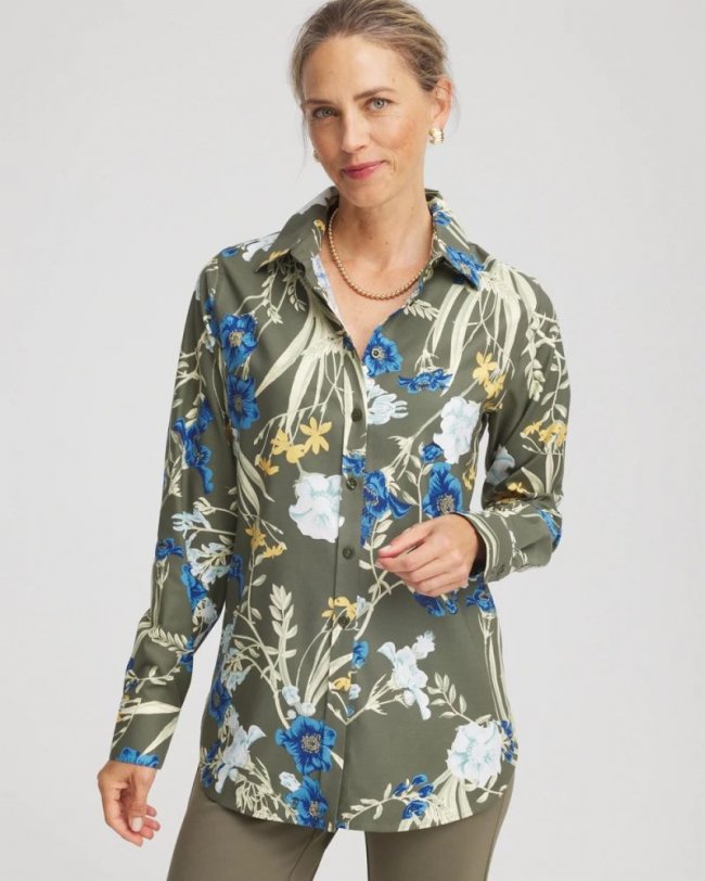 Chicos No Iron Printed Sateen Shirt - NETTLE LEAF
