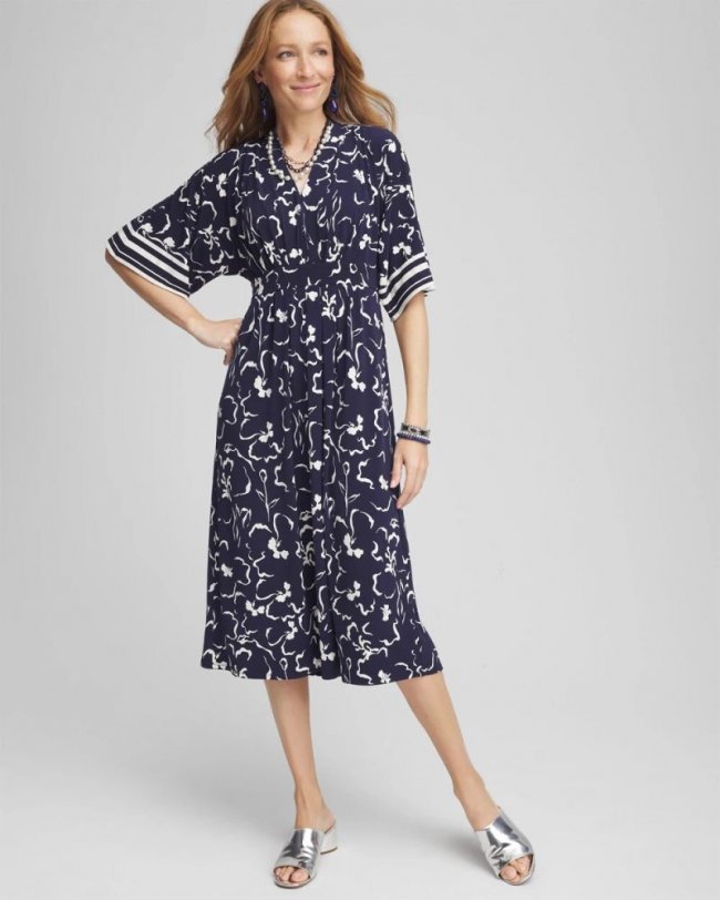 Chicos Pleated Jersey Midi Dress - PASSPORT BLUE