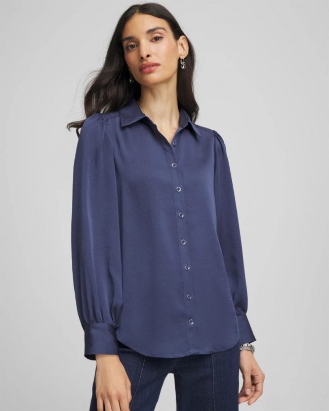 Chicos Puff Sleeve Satin Blouse - INDIGO SKY