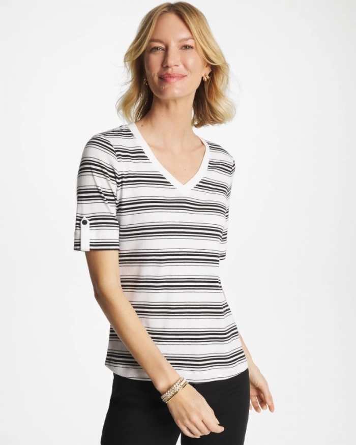 Chicos Pima V-Neck Tab Sleeve Tee - BLACK