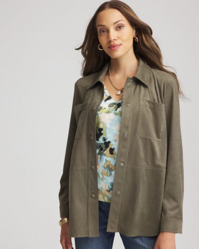 Chicos Suede Collared Long-Sleeved Shacket - NETTLE LEAF