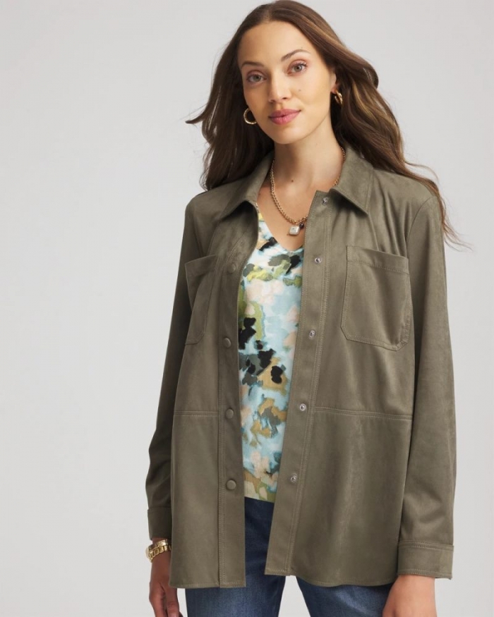 Chicos Suede Collared Long-Sleeved Shacket - NETTLE LEAF