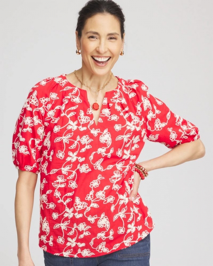Chicos Floral Embroidered Cotton Peasant Blouse - RED GLOW