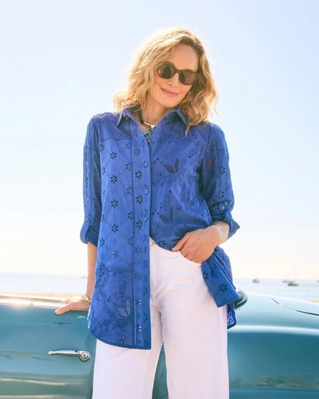 Chicos Embroidered Trapunto-Trim Tunic - AMPARO BLUE