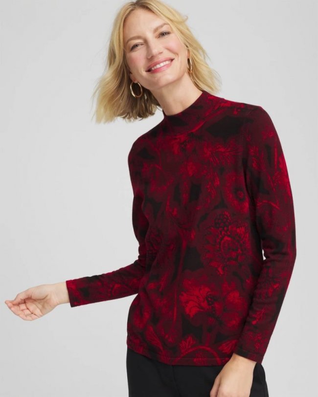 Chicos Ella Printed Mockneck Sweater - CARMINE RED