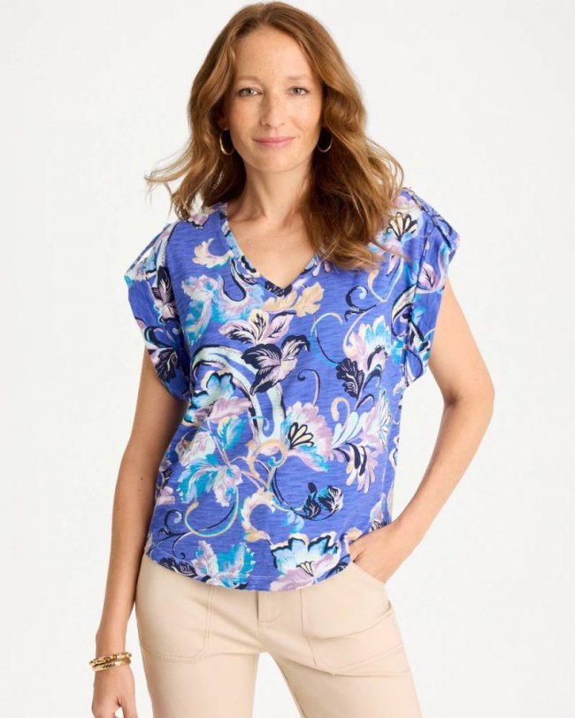 Chicos Paisley Cotton Slub Epaulette Tee - AMPARO BLUE