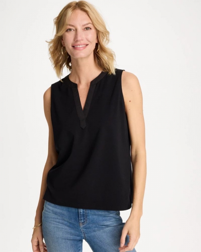 Chicos Cotton-Stretch Notch Neck Tank - BLACK