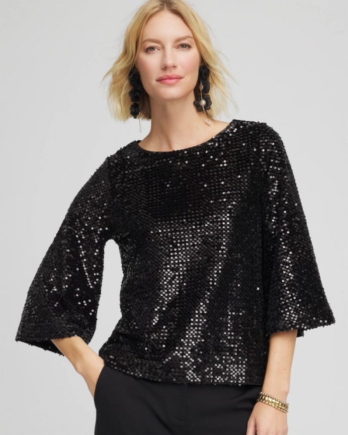 Chicos Sparkling Sequin Party Tee - BLACK