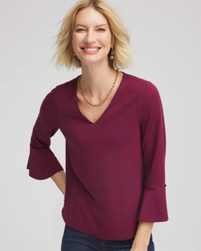 Chicos Ponte V-Neck Tee - DEEP CHIANTI