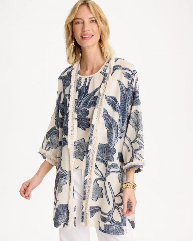 Chicos Cotton Jacquard Fringed Kimono - BLUE Chicos Cotton Jacquard Fringed Kimono - BLUE