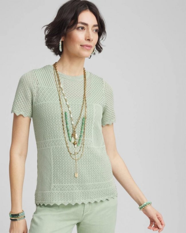 Chicos Pointelle Crewneck Sweater Tee - MOROCCAN MINT Chicos Pointelle Crewneck Sweater Tee - MOROCCAN MINT