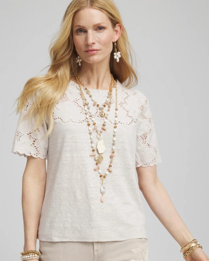 Chicos Embroidered Lace Linen Tee - RIVER ROCK