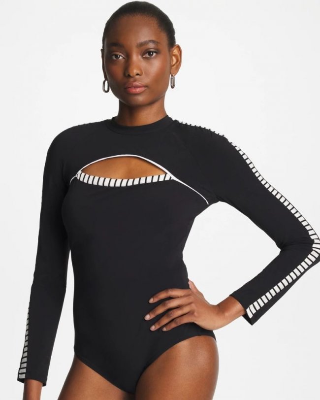 Chicos Gottex Coco Long Sleeve One Piece - BLACK/WHITE