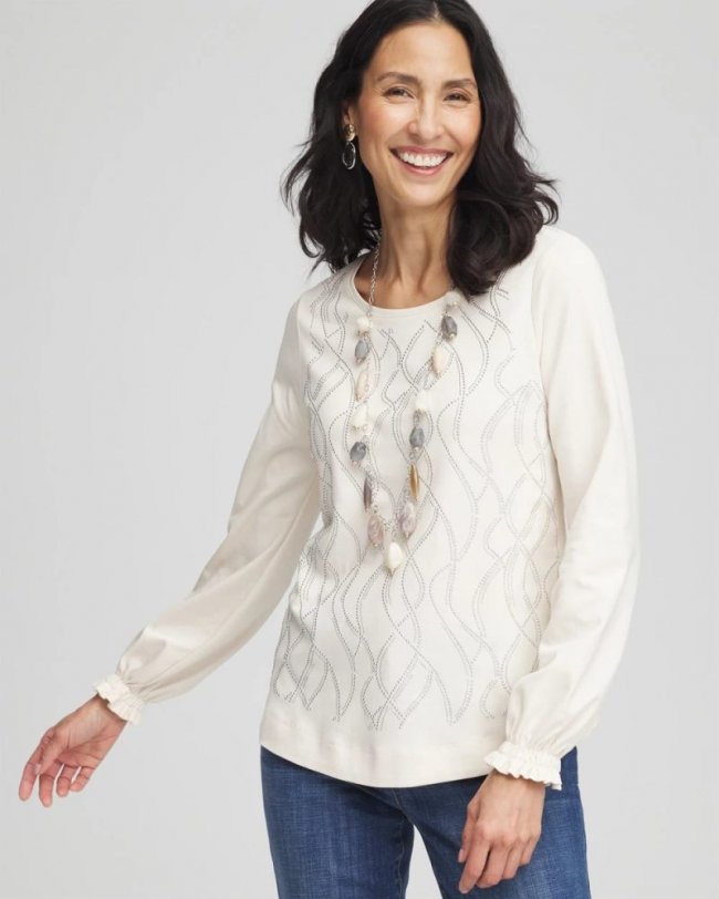 Chicos Embellished Long-sleeve Top - ENGLISH CREAM