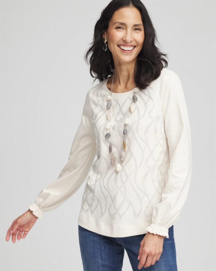 Chicos Embellished Long-sleeve Top - ENGLISH CREAM