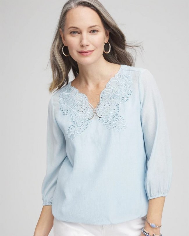 Chicos Embroidered Cutout Blouse - CRYSTAL SPRINGS
