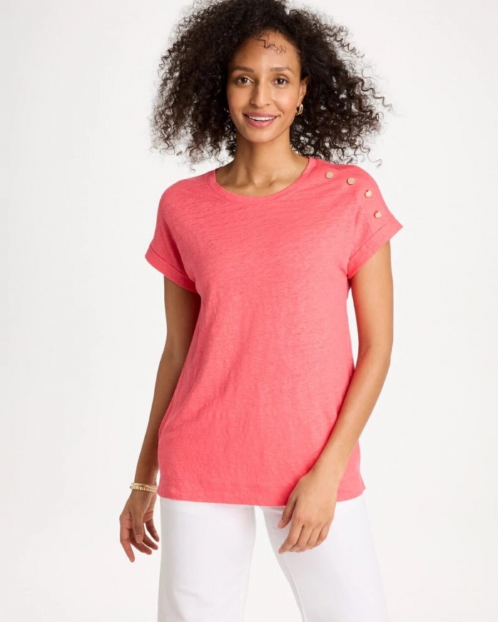 Chicos Linen Button Tunic - CALYPSO CORAL