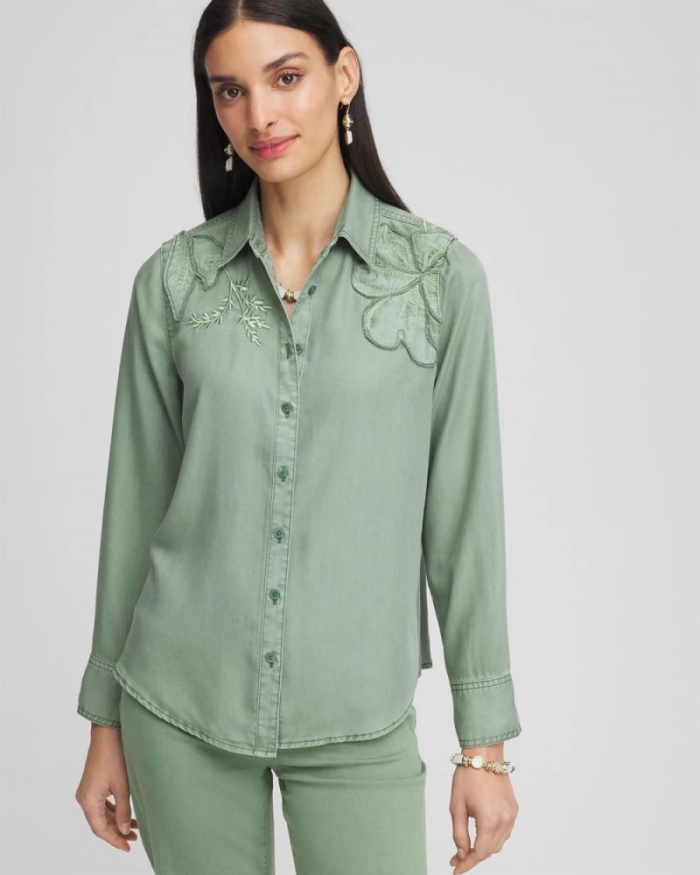 Chicos Embellished Lyocell Tencel™ Collared Shirt - MINERAL GREEN