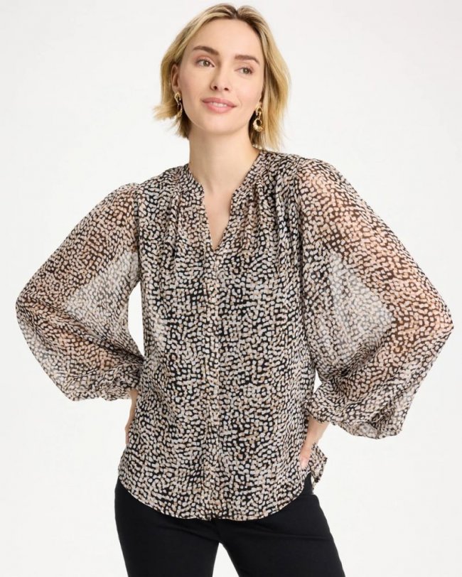 Chicos Georgette Printed Squares Blouse - BLACK