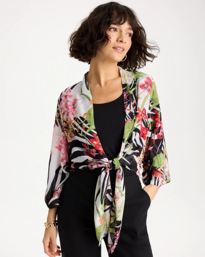 Chicos Georgette Tie-Front Kimono - BLACK