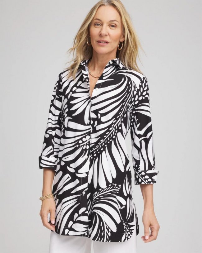 Chicos No Iron Printed Palms Button Down Tunic - BLACK