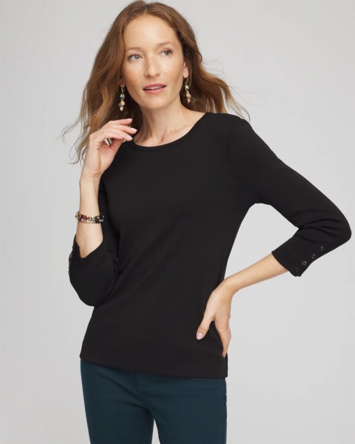 Chicos Pima Cotton Crewneck Button Tee - BLACK