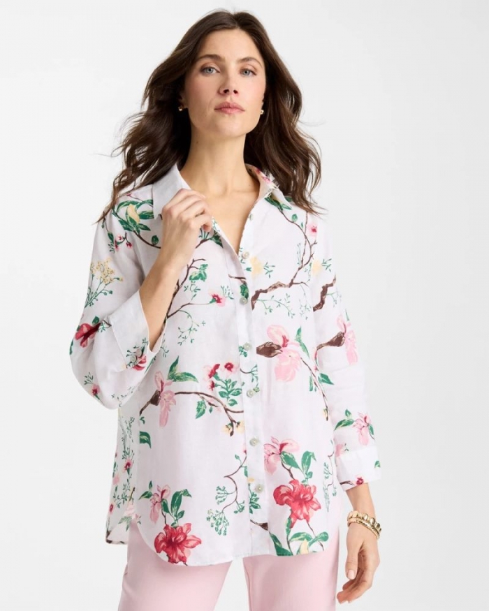 Chicos No Iron Kyoto Bloom Linen Shirt - HOT HONEYSUCKLE