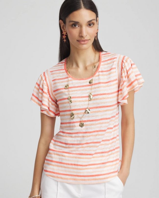 Chicos Striped Linen Smocked Flutter-Sleeved Tee - MELON MAMBO