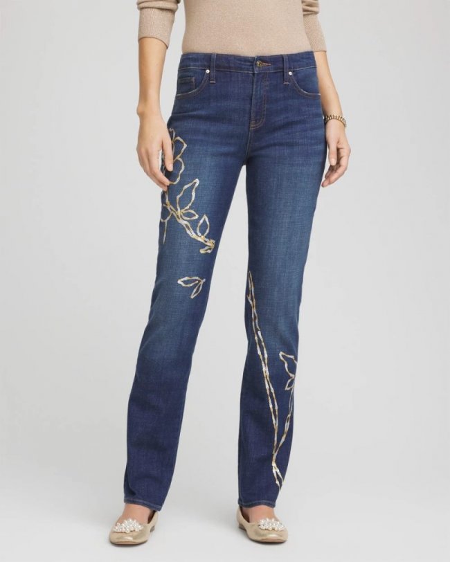 Chicos Sequins Rose Girlfriend Slim-Leg Jeans - SEQUOIA INDIGO