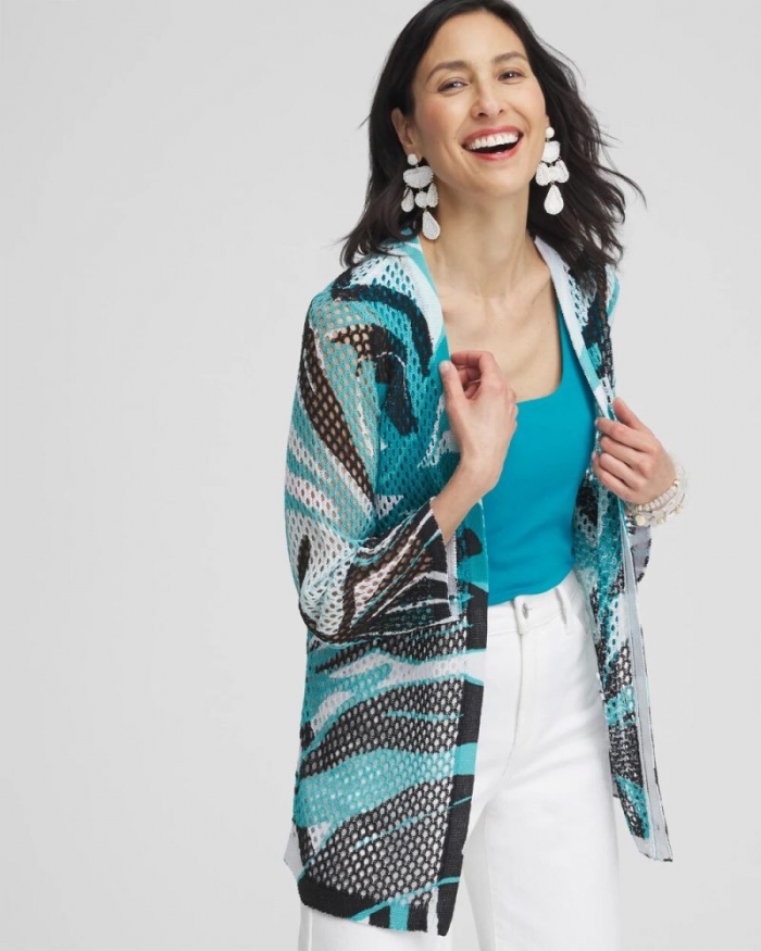 Chicos Palms Printed Mesh Cardigan - OCEANO