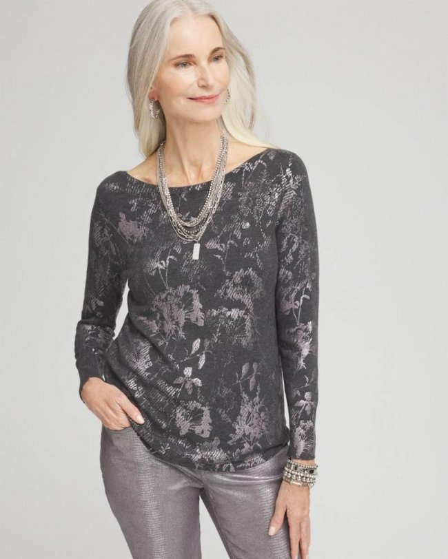 Chicos Silver Floral Bateau Neck Sweater - GRAPHITE HEATHER GRAY