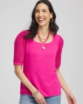 Chicos Touch of Cool™ Crochet Lace Square-Neck Tee - CRUSHED BERRIES Chicos Touch of Cool™ Crochet Lace Square-Neck Tee - CRUSHED BERRIES