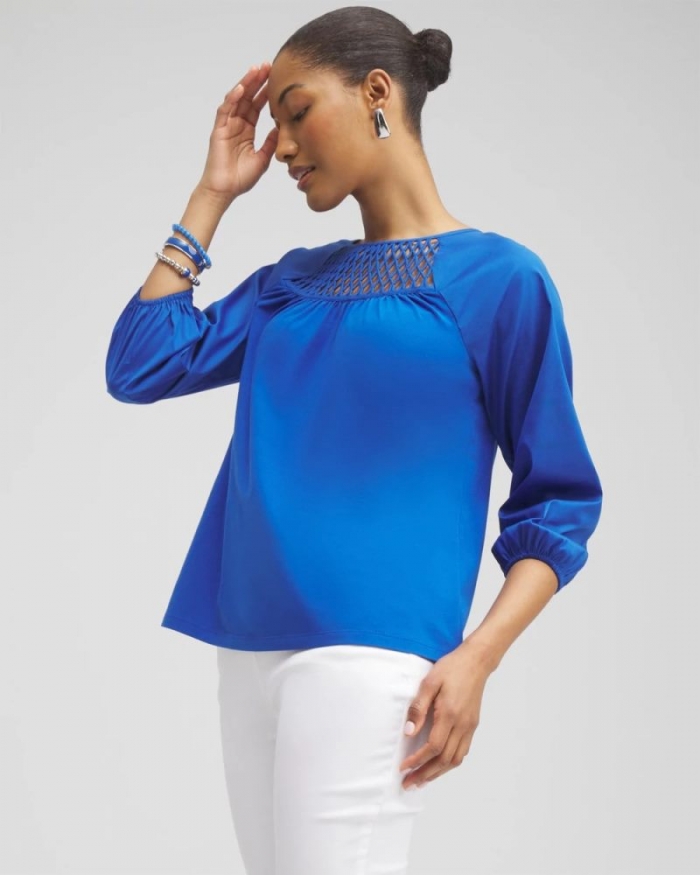 Chicos Lattice Detail Top - INTENSE AZURE