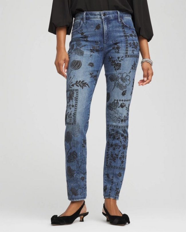 Chicos Mixed-Media Girlfriend Slim Ankle Jeans - EMILIA INDIGO