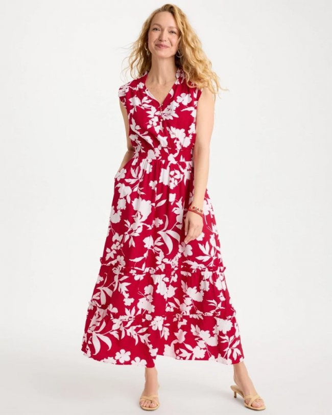 Chicos Smocked Floral Maxi Dress - CHERRY LUSH