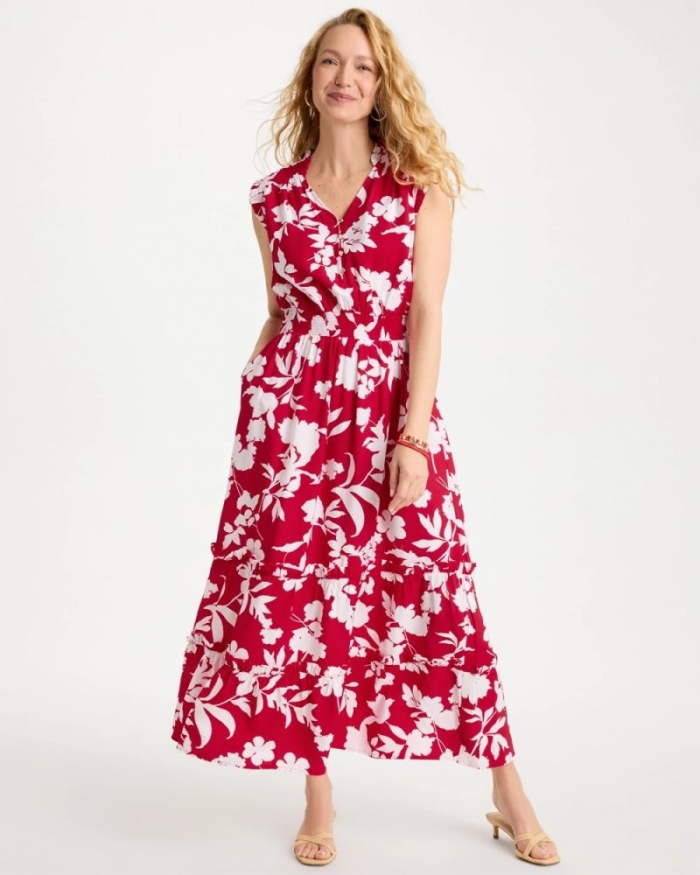 Chicos Smocked Floral Maxi Dress - CHERRY LUSH