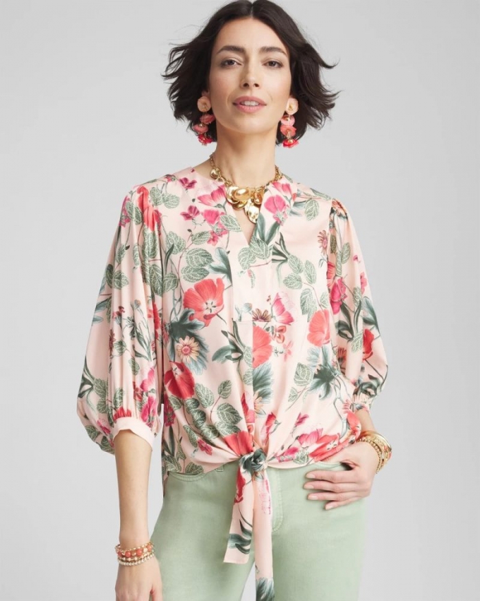 Chicos Floral Satin Tie-Front Pullover Top - CORAL BLOSSOM