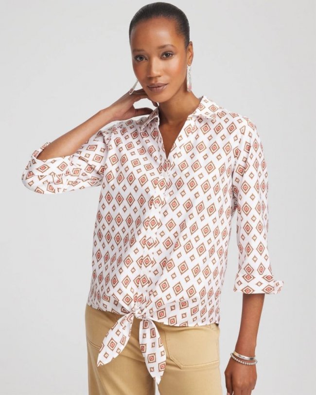 Chicos No Iron Tie-Front Geo-Print Shirt - SIESTA ROSE Chicos No Iron Tie-Front Geo-Print Shirt - SIESTA ROSE
