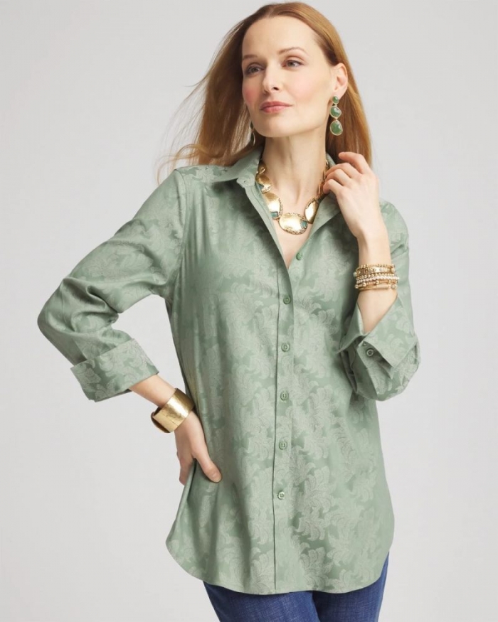 Chicos No Iron Jacquard Shirt - MINERAL GREEN